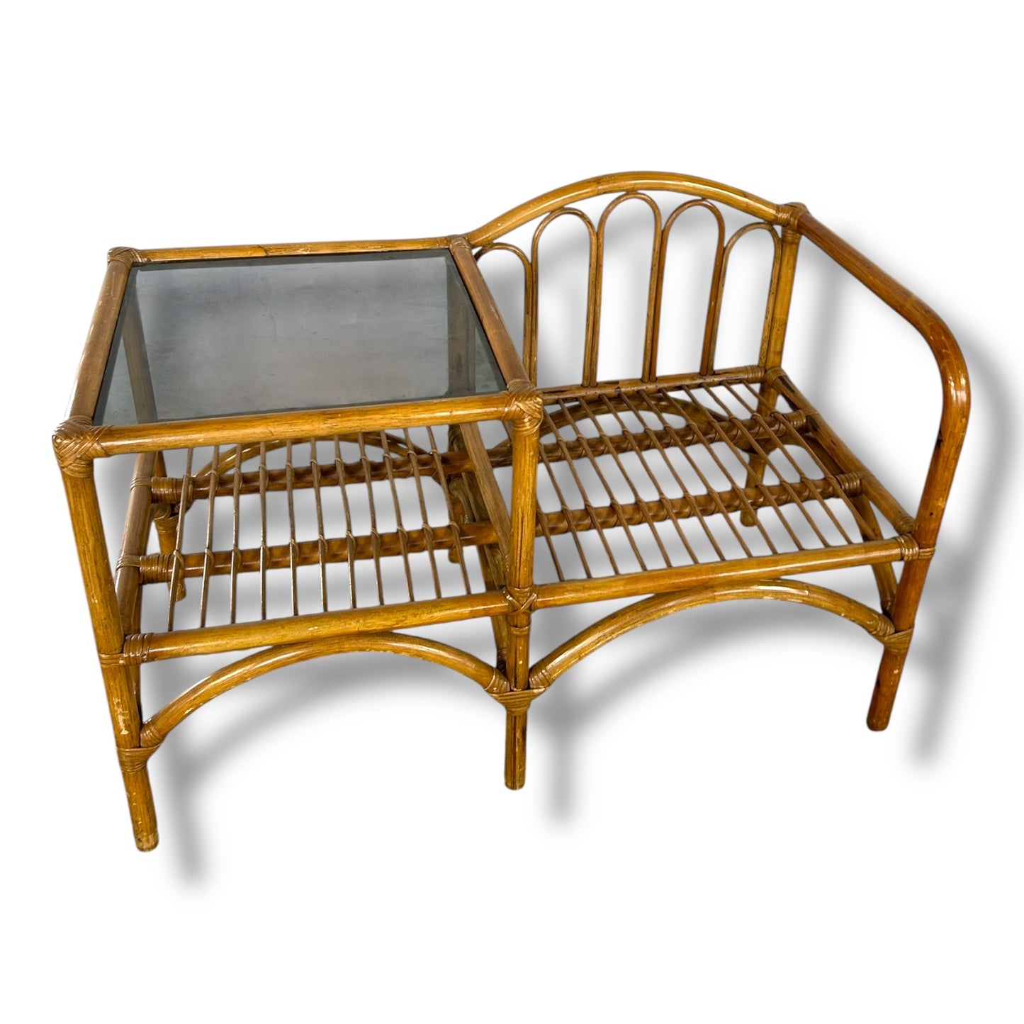 Vintage Bamboo Telephone Table with Smoked Glass Top | Boho Mid Century Rattan Hallway Seat