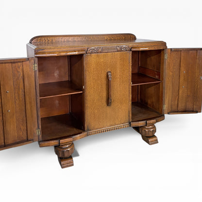Art Deco Sideboard | 1930s Vintage Oak Drinks Cabinet With Geometric Carved Storage