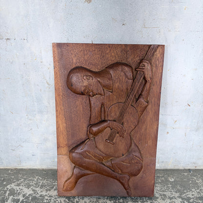 Vintage Hand-Carved Wooden Relief Wall Plaque of a Guitarist
