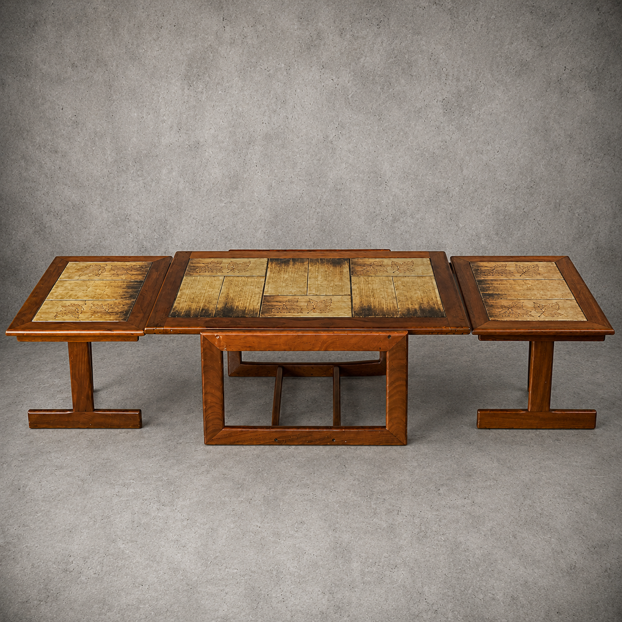 Mid Century Tile Top Coffee Table with Extending Side Tables