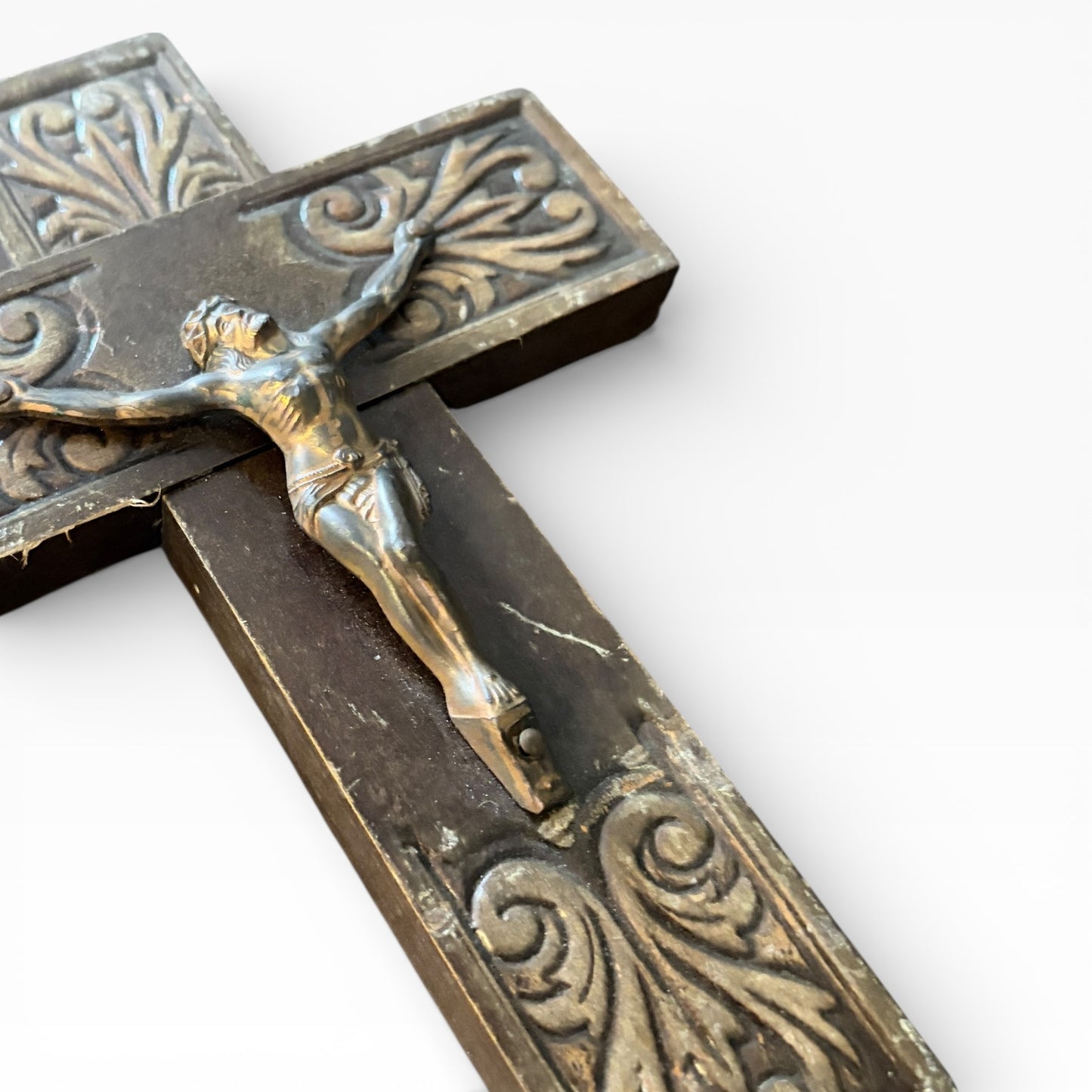 1970s Brass & Oak Crucifix Wall Sculpture – Vintage Religious Wall Art