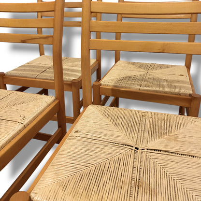 Italian Beech Dining Chairs – Set of Four Vintage Ladder Back Chairs with Woven Rush Seats