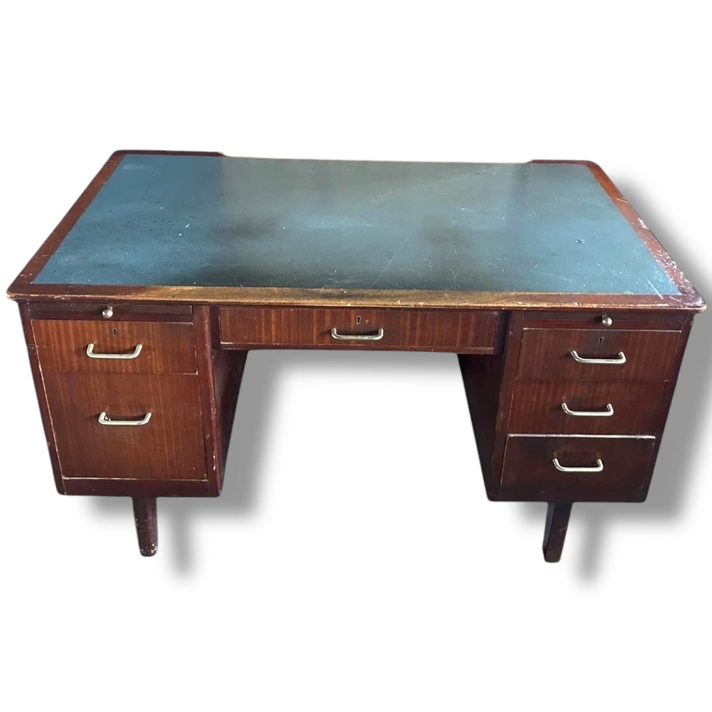 Mid Century Mahogany Desk with Blue-Grey Leather Writing Surface