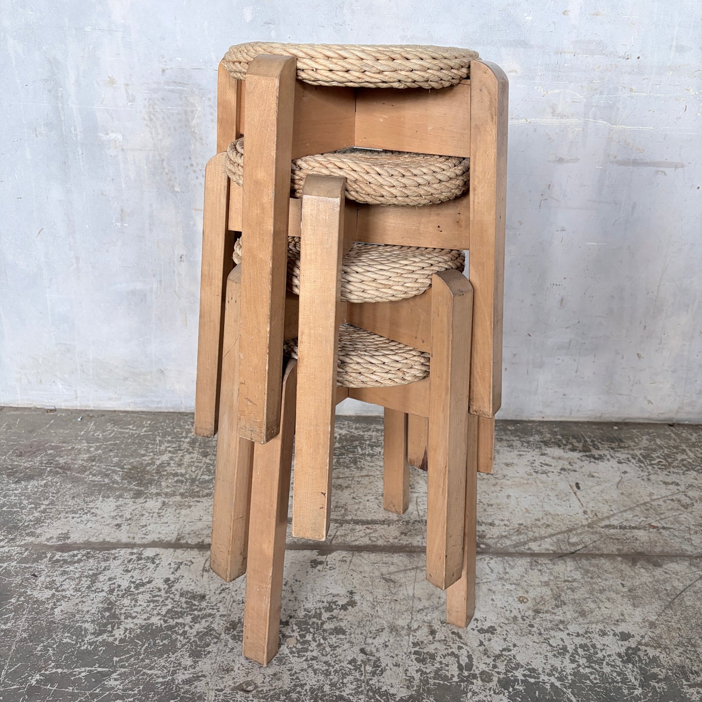 Mid Century Set of Four Stackable Rush Woven Stools