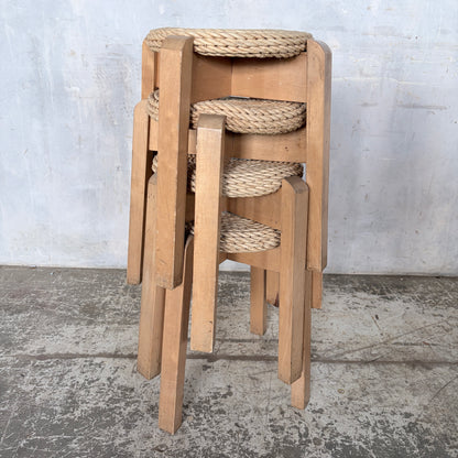 Mid Century Set of Four Stackable Rush Woven Stools