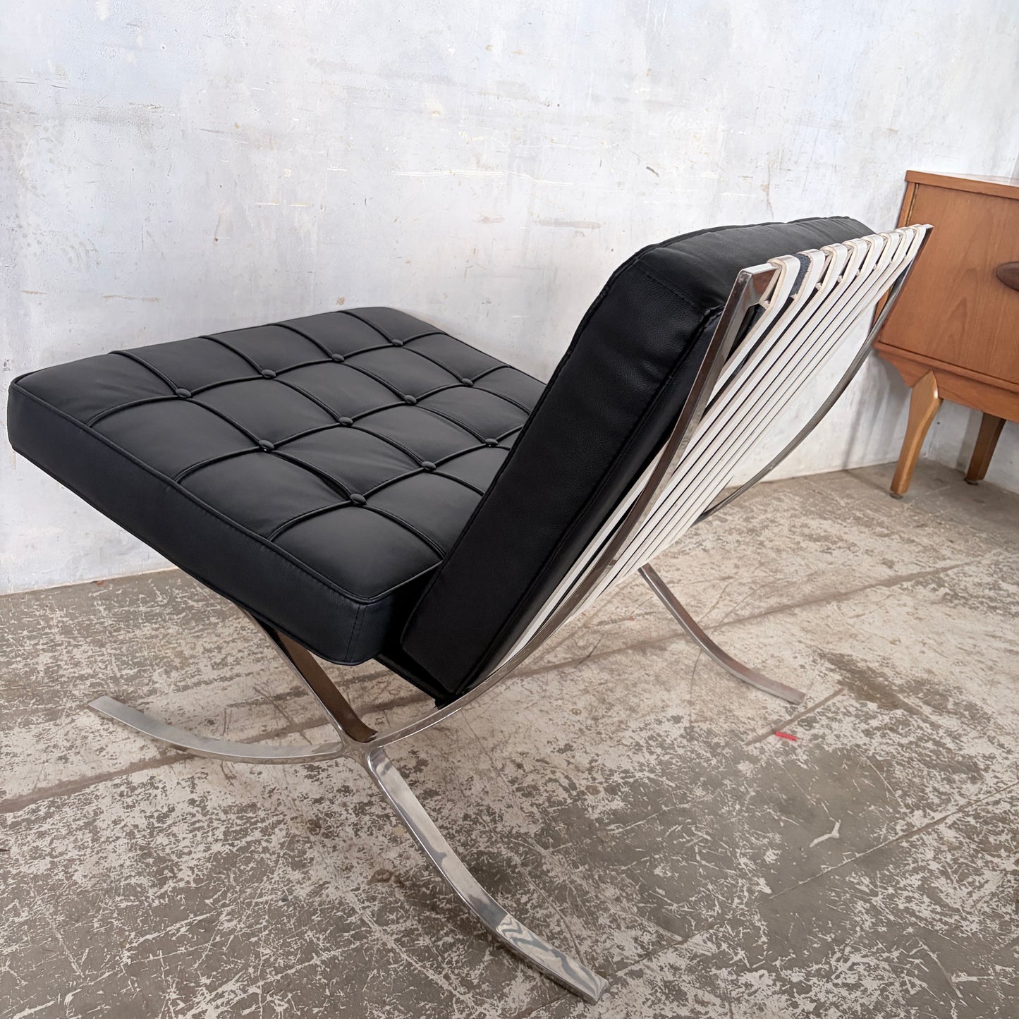 Mid Century Style Black Leather & Chrome Barcelona Chair