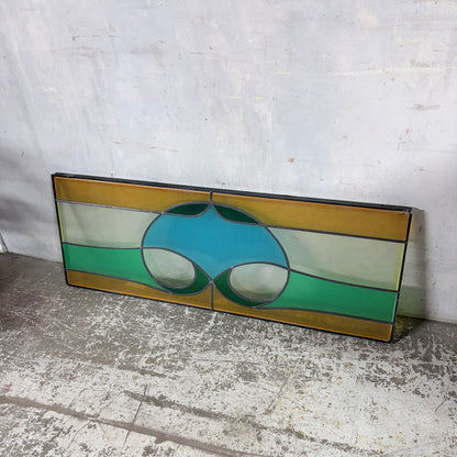 Vintage Stained Glass Window Panel – Geometric Leaded Glass in Green, Amber & Blue