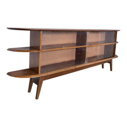 Large Mid Century Teak Display Cabinet / Media Console – Curved Open Shelving Unit