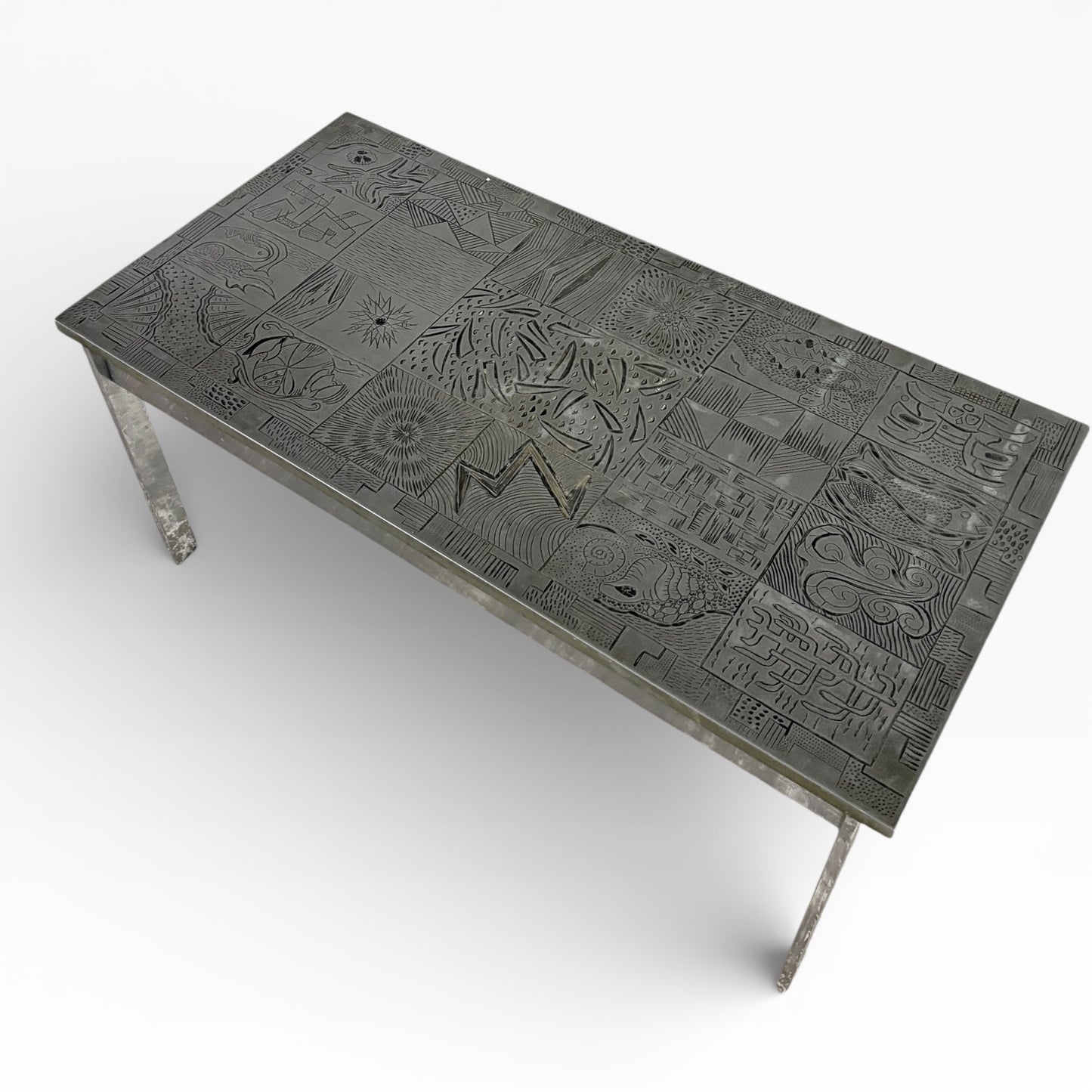 Mid Century Carved Copper & Chrome Abstract Tile Coffee Table — view 4