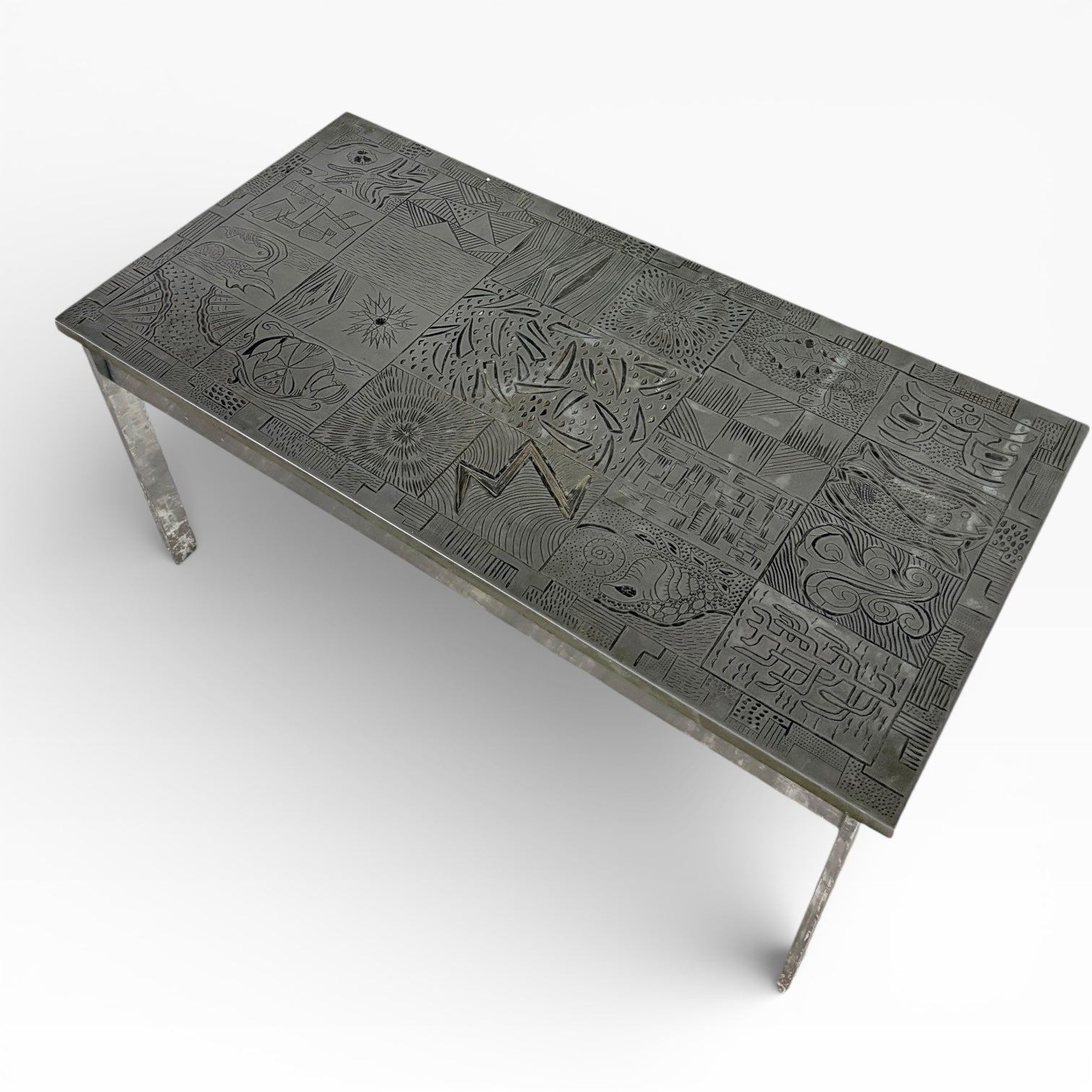 Mid Century Carved Copper & Chrome Abstract Tile Coffee Table — view 4