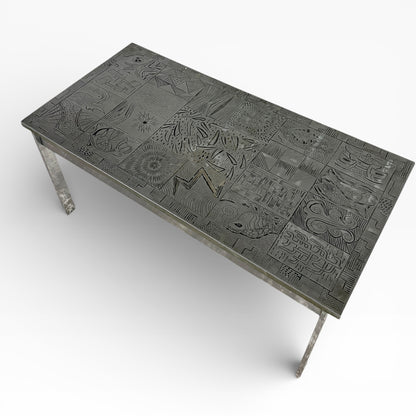 Mid Century Carved Copper & Chrome Abstract Tile Coffee Table — view 4
