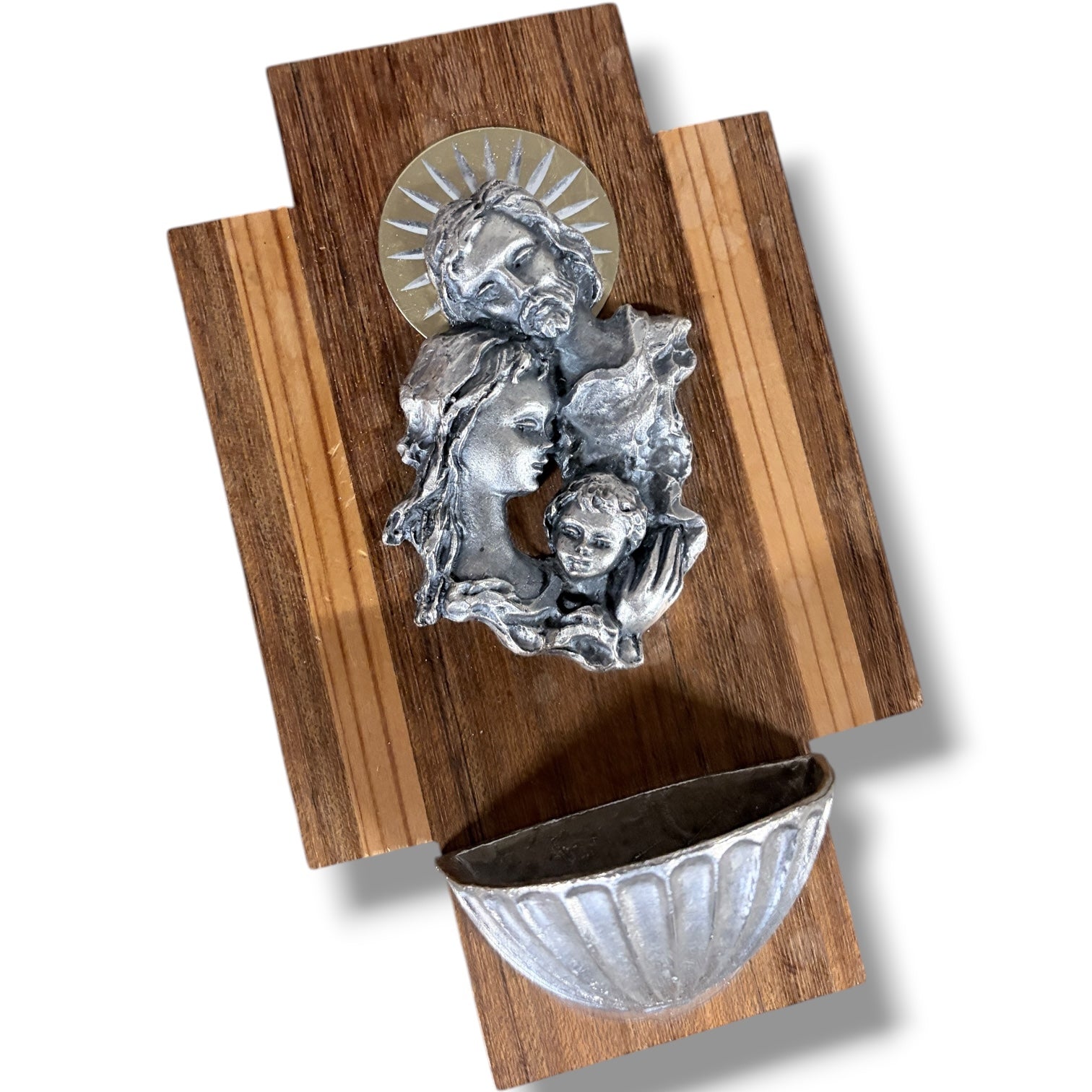 Miniature Holy Water Font – Vintage Wooden Wall Mounted Stoup with Silver Tone Relief Basin — view 7