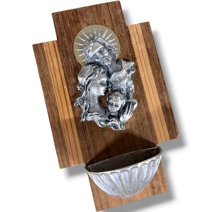 Miniature Holy Water Font – Vintage Wooden Wall Mounted Stoup with Silver Tone Relief Basin — view 7