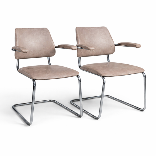 Pair of Mid Century Chrome Cantilever Dining Chairs / Bauhaus Style Stacking Chairs