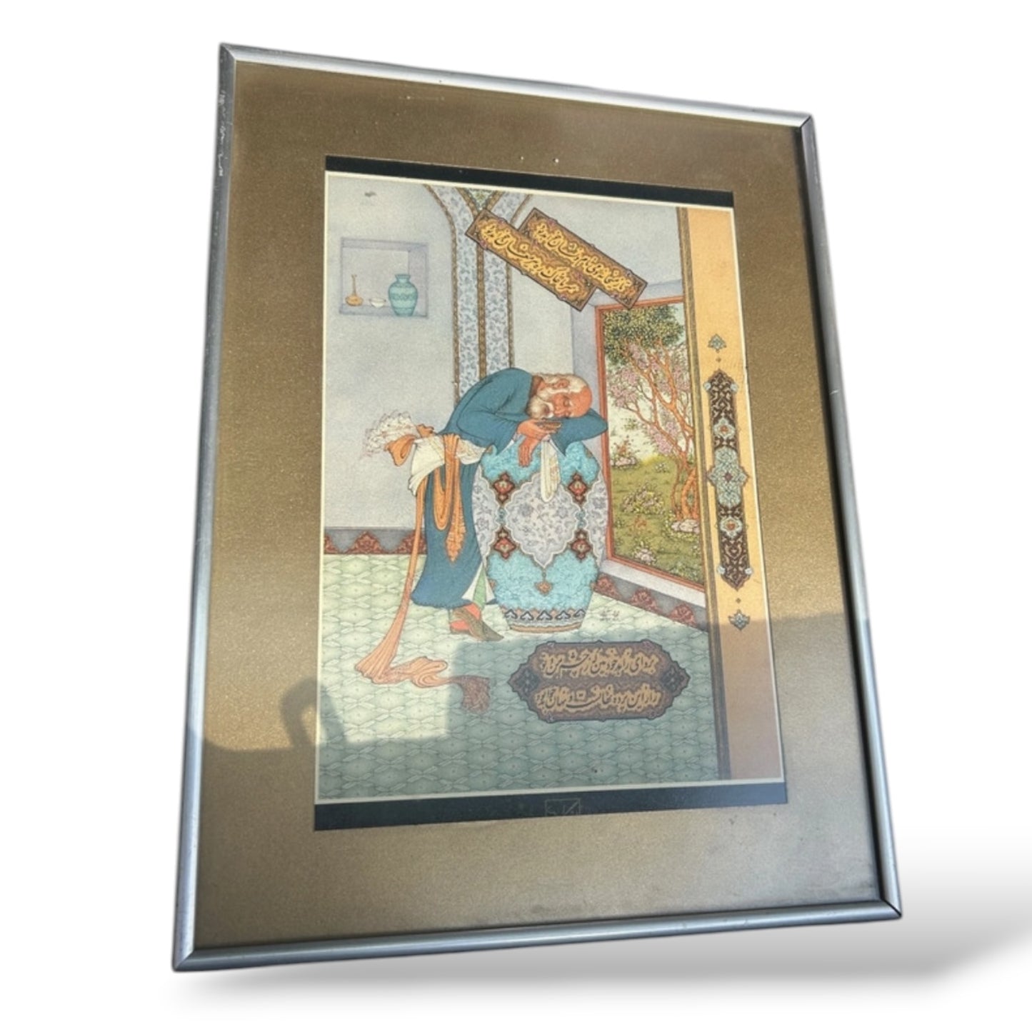 Framed Persian Miniature Art Print – Vintage Middle Eastern Illustration with Calligraphy