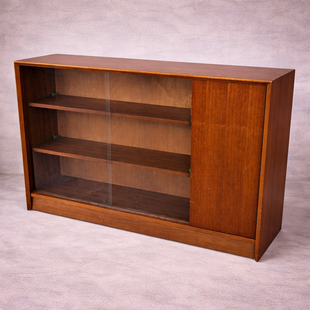 Mid Century Teak Sliding Door Bookcase by Herbert Gibbs – Glass Front Cabinet