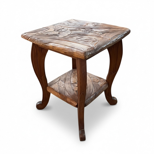Liberty of London Table - Hand Carved Vintage Accent Table Featuring Botanical Relief Carving