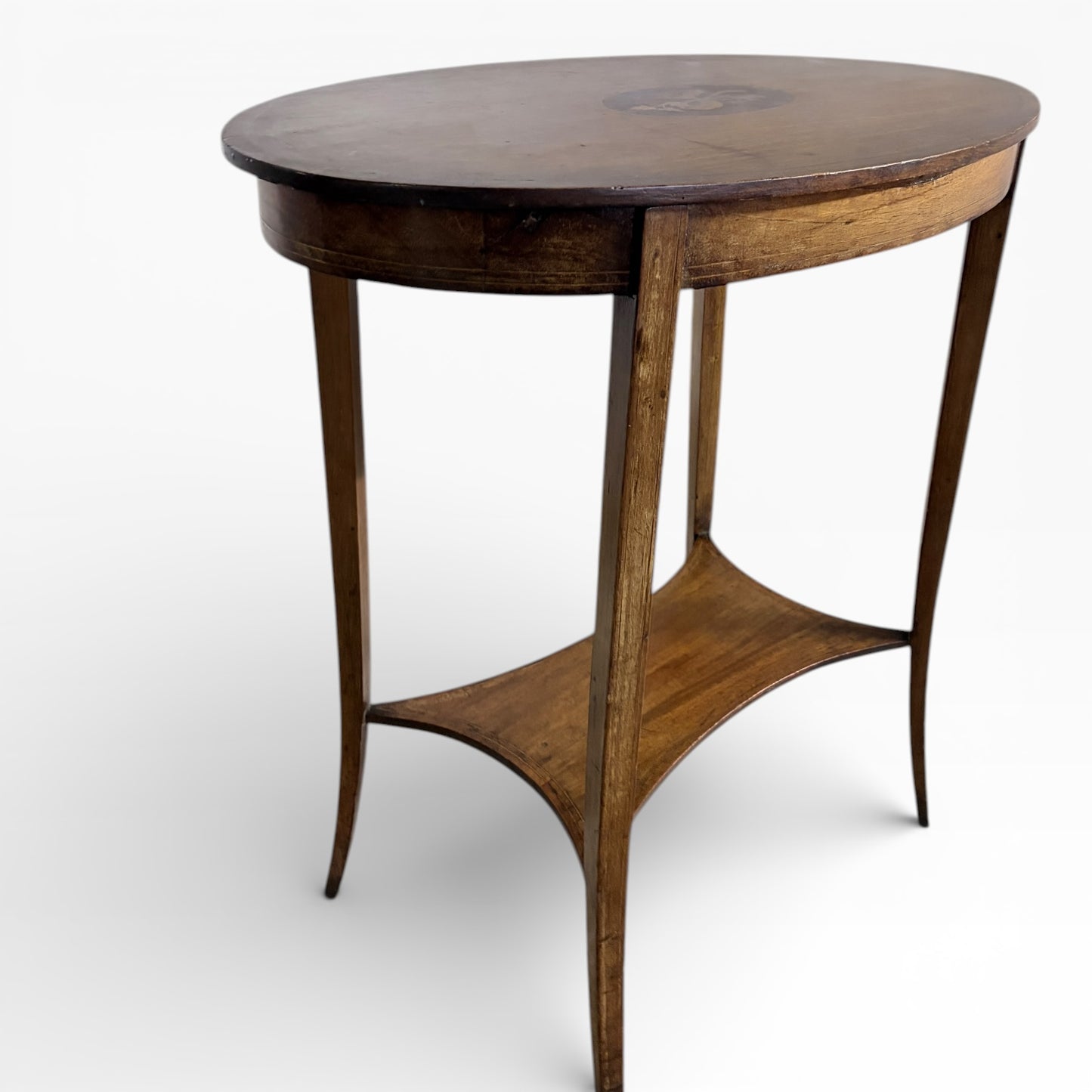 Edwardian Side Table - Antique Oval Wood Table with Decorative Inlay and Tapered Legs