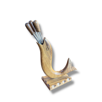Mid-Century Olive Wood Fish-Form Knife & Pick Holder