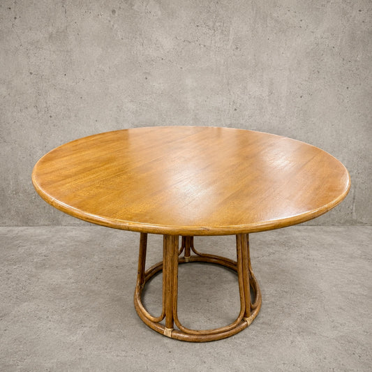 Vintage Oak & Bamboo Round Dining Table | Mid Century Rattan Pedestal Dining Table
