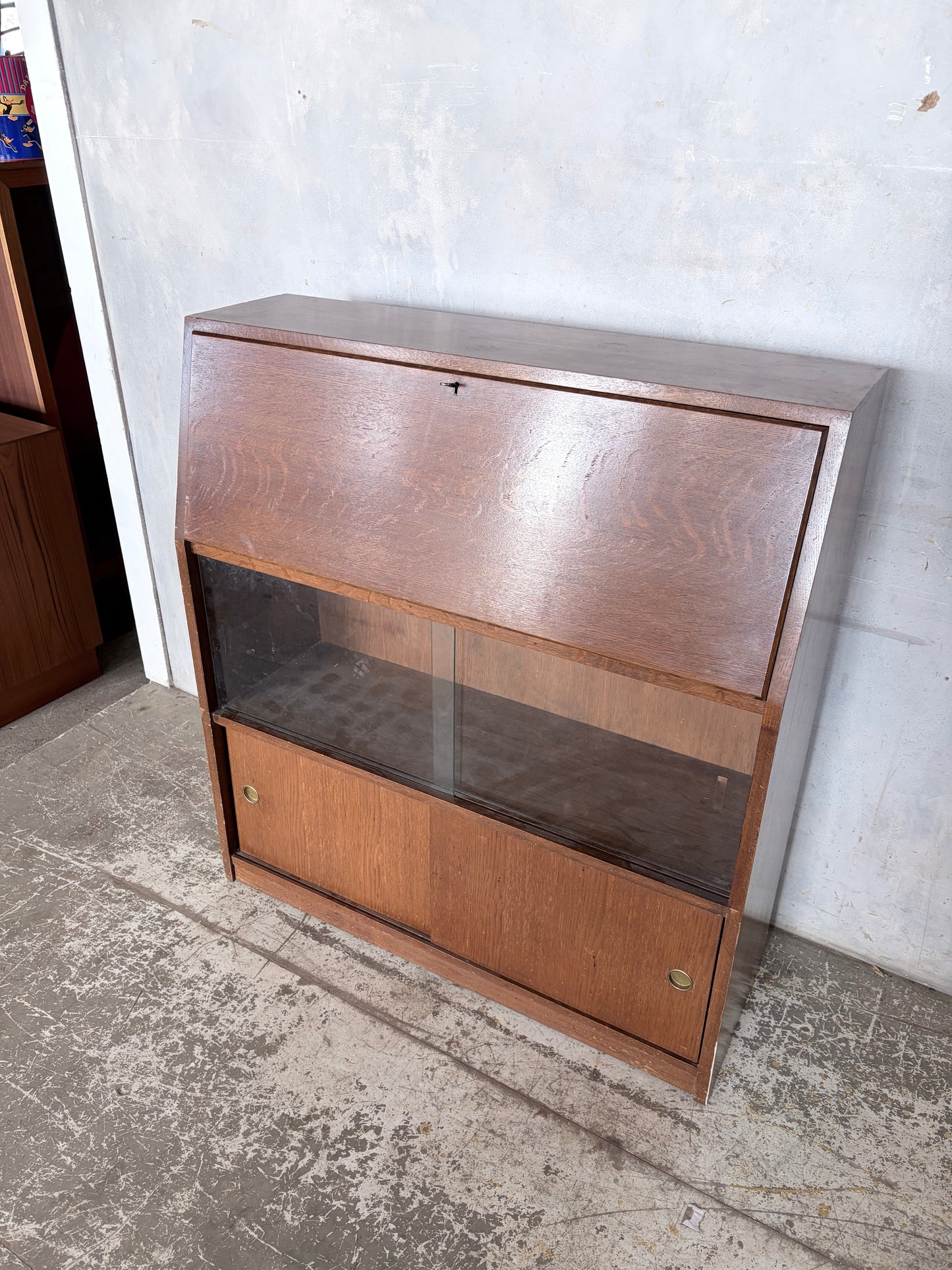 Vintage Mid Century Oak Bureau Cabinet with Sliding Doors