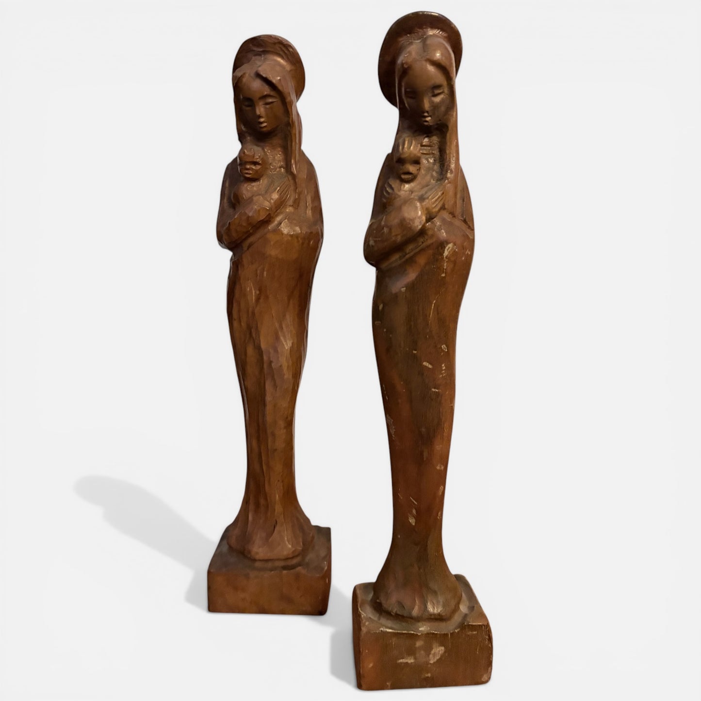 Mid Century Carved Wooden Madonna & Child Figures – Pair of Religious Sculptures