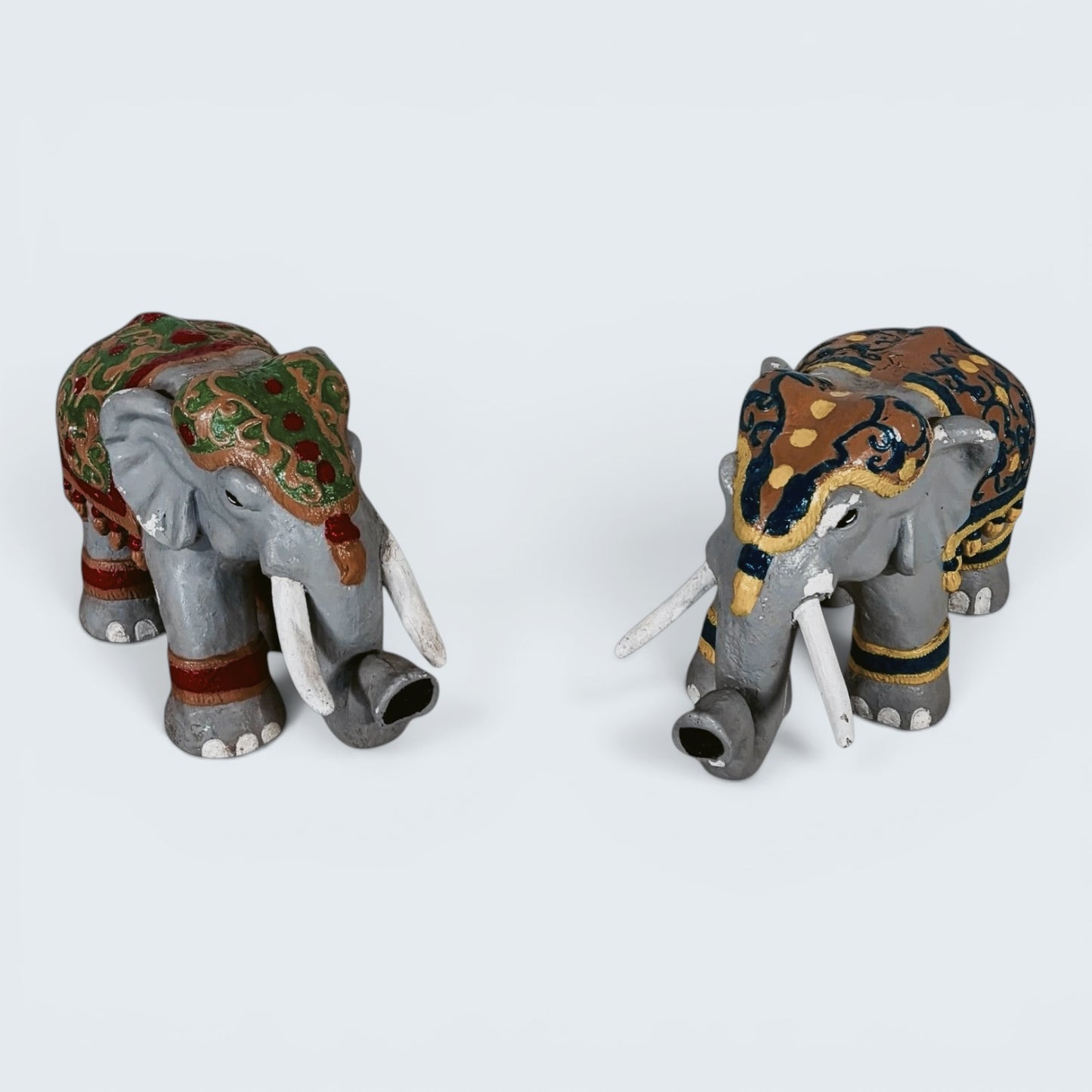 Pair of Hand Painted Indian Elephant Sculptures | Decorative Folk Art Figures