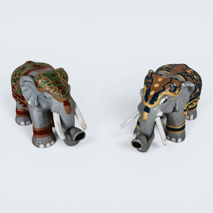Pair of Hand Painted Indian Elephant Sculptures | Decorative Folk Art Figures