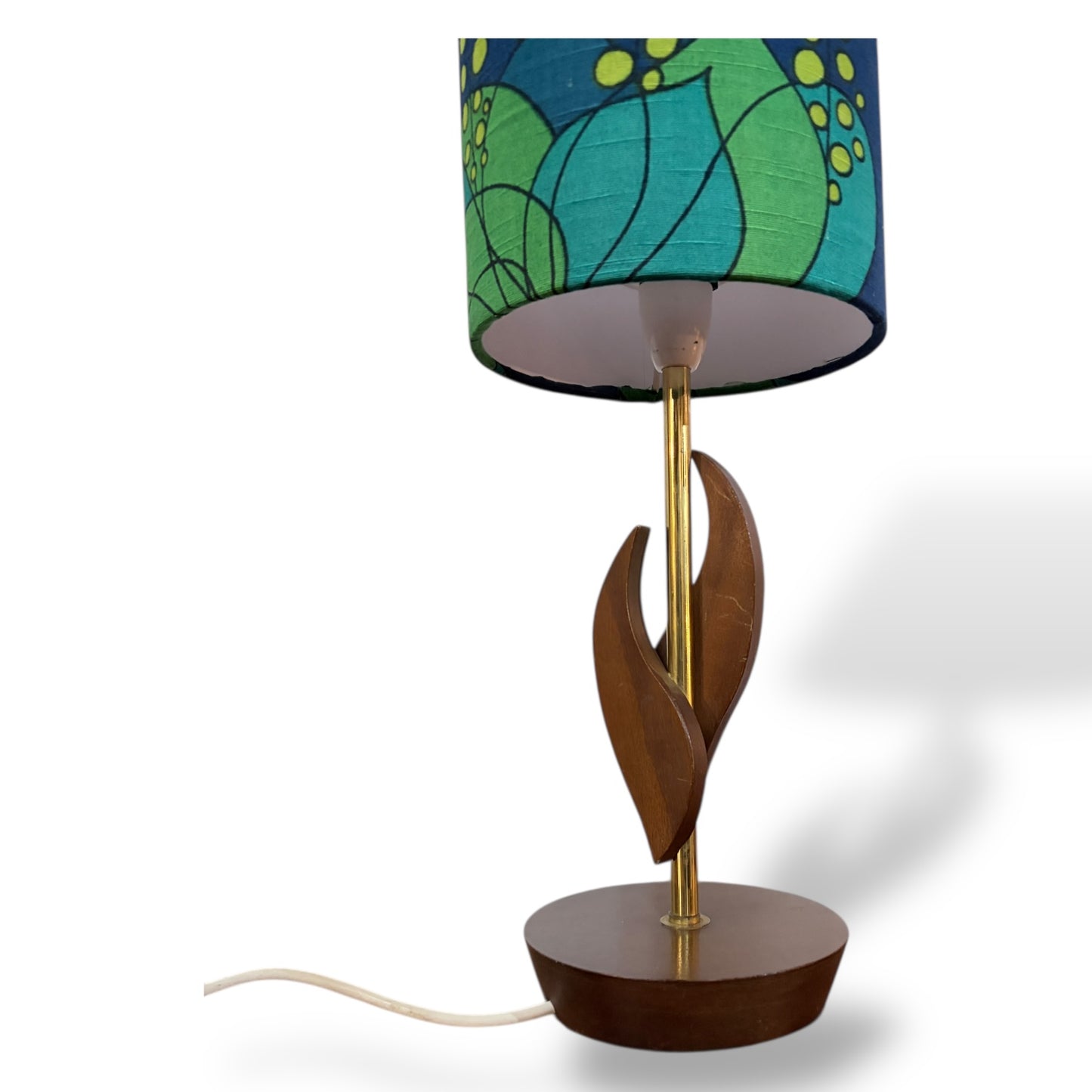 Mid Century Teak Table Lamp with Blue and Green Floral Shade by Lightfandango — view 6