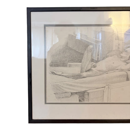 Vintage Framed Figurative Pencil Drawing – 1990s Nude Study Sketch Artwork