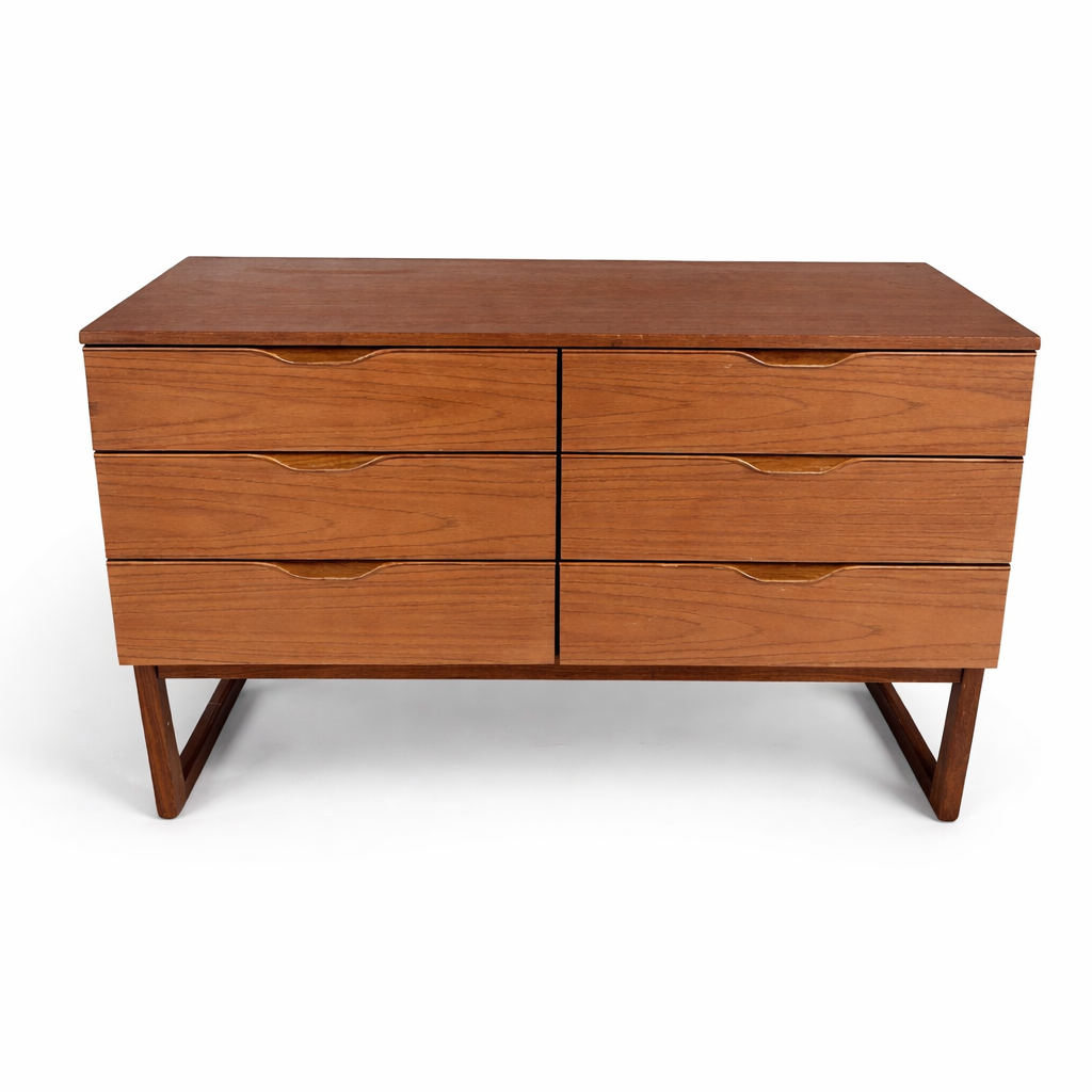 Mid Century Europa Furniture Teak Chest of 6 Drawers on Sleigh Legs
