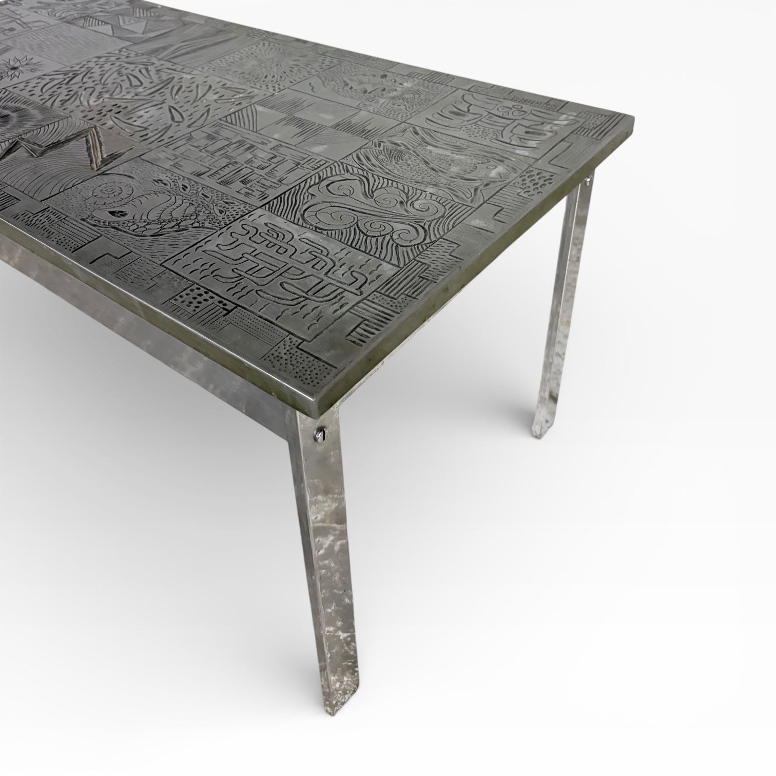 Mid Century Carved Copper & Chrome Abstract Tile Coffee Table — view 6