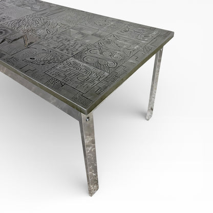 Mid Century Carved Copper & Chrome Abstract Tile Coffee Table — view 6