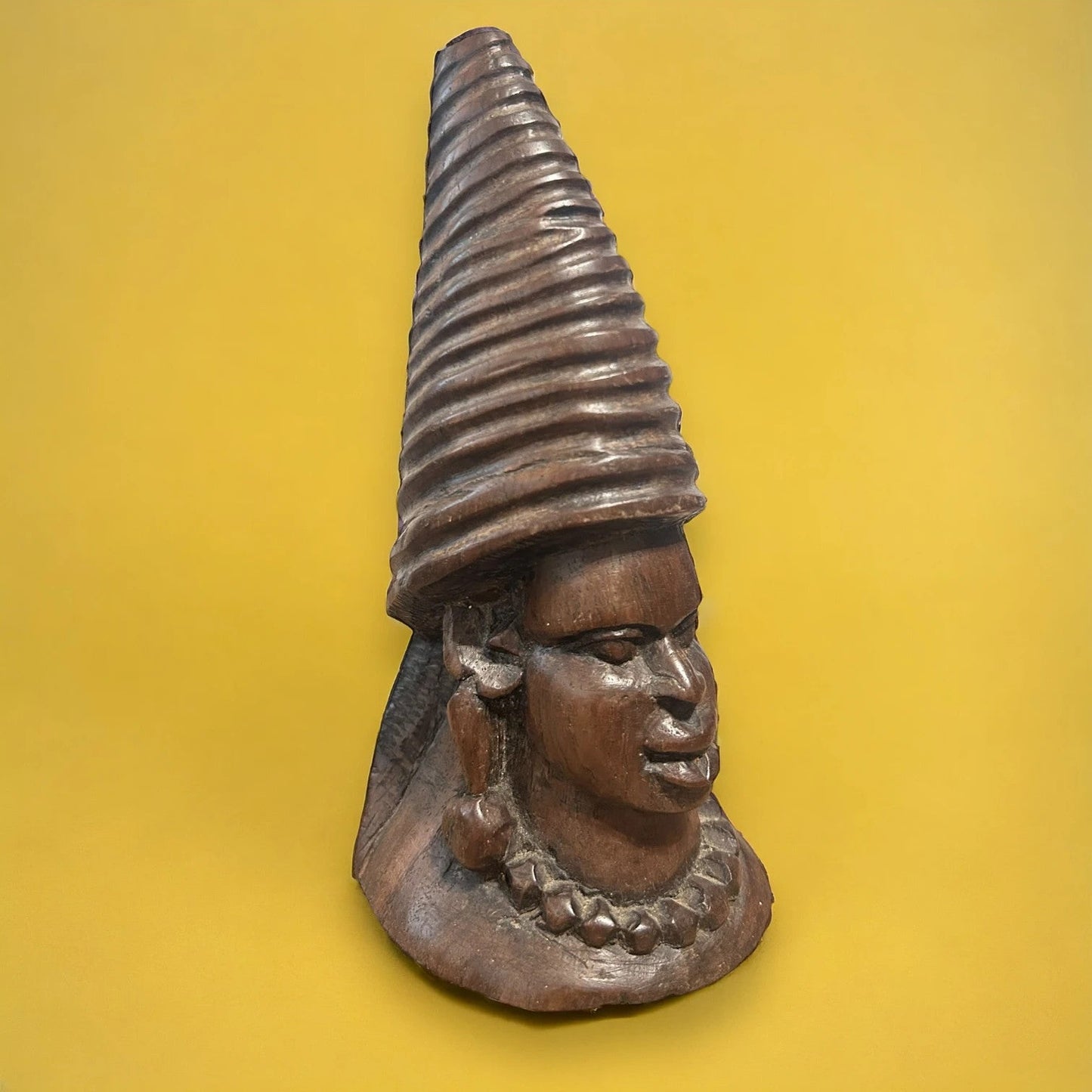 African Hand-Carved Wooden Bust Sculpture with Conical Headdress – Tribal Art — view 7