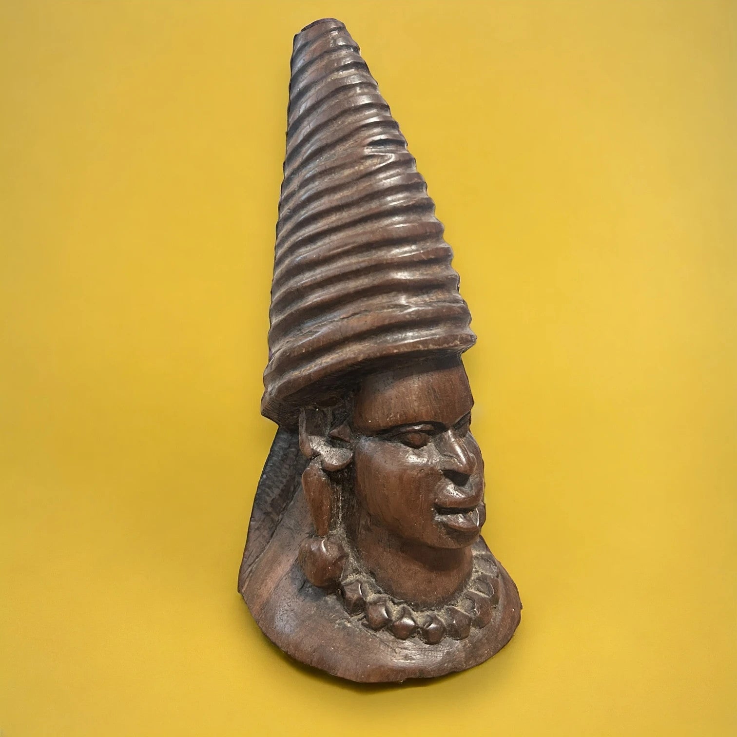 African Hand-Carved Wooden Bust Sculpture with Conical Headdress – Tribal Art — view 7