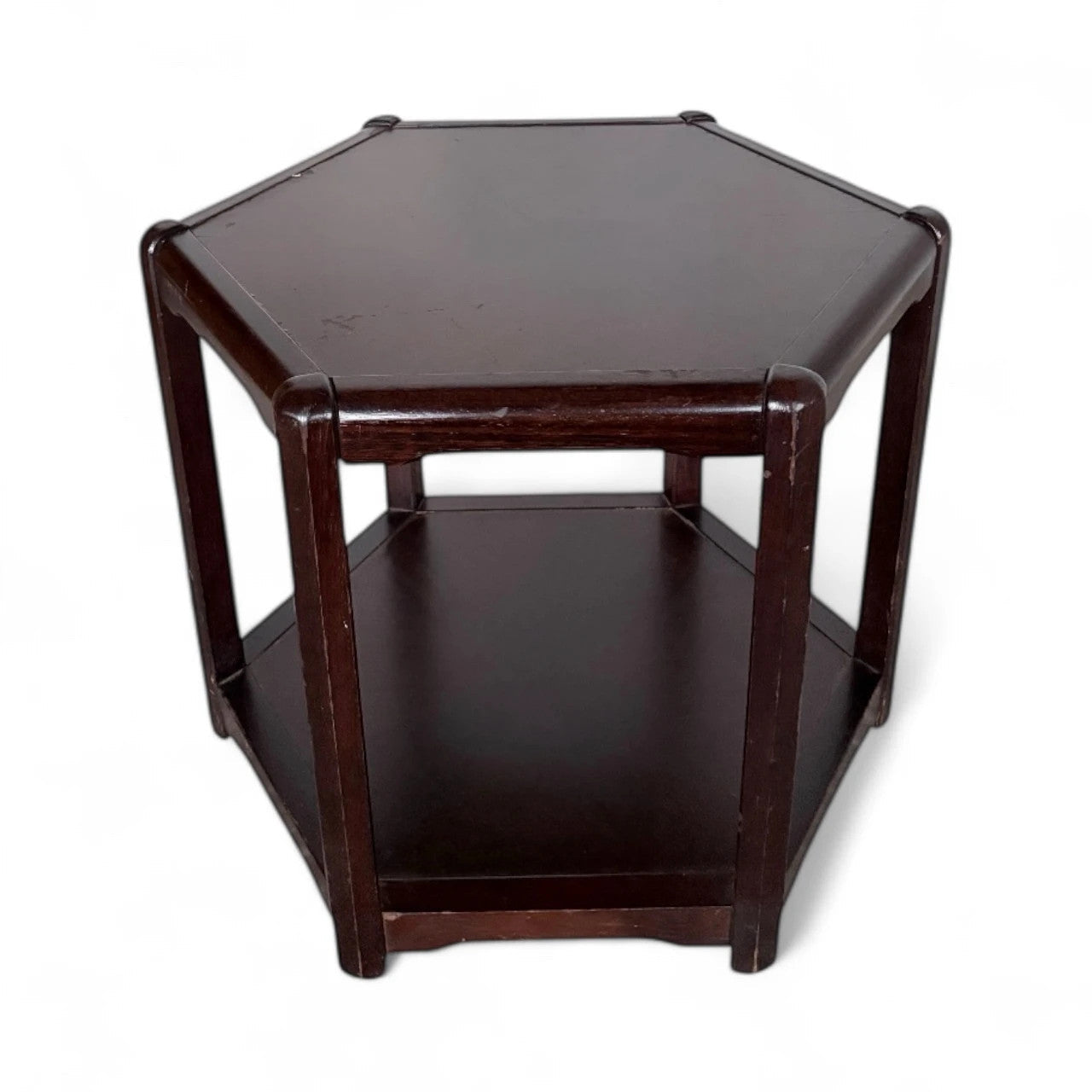 Mid Century Danish Hexagonal Coffee Table in Dark Wood with Lower Shelf