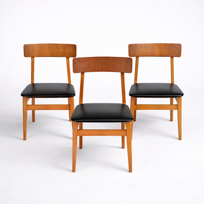 Mid Century Danish Teak Dining Chairs – Set of 3, Black Vinyl Seats