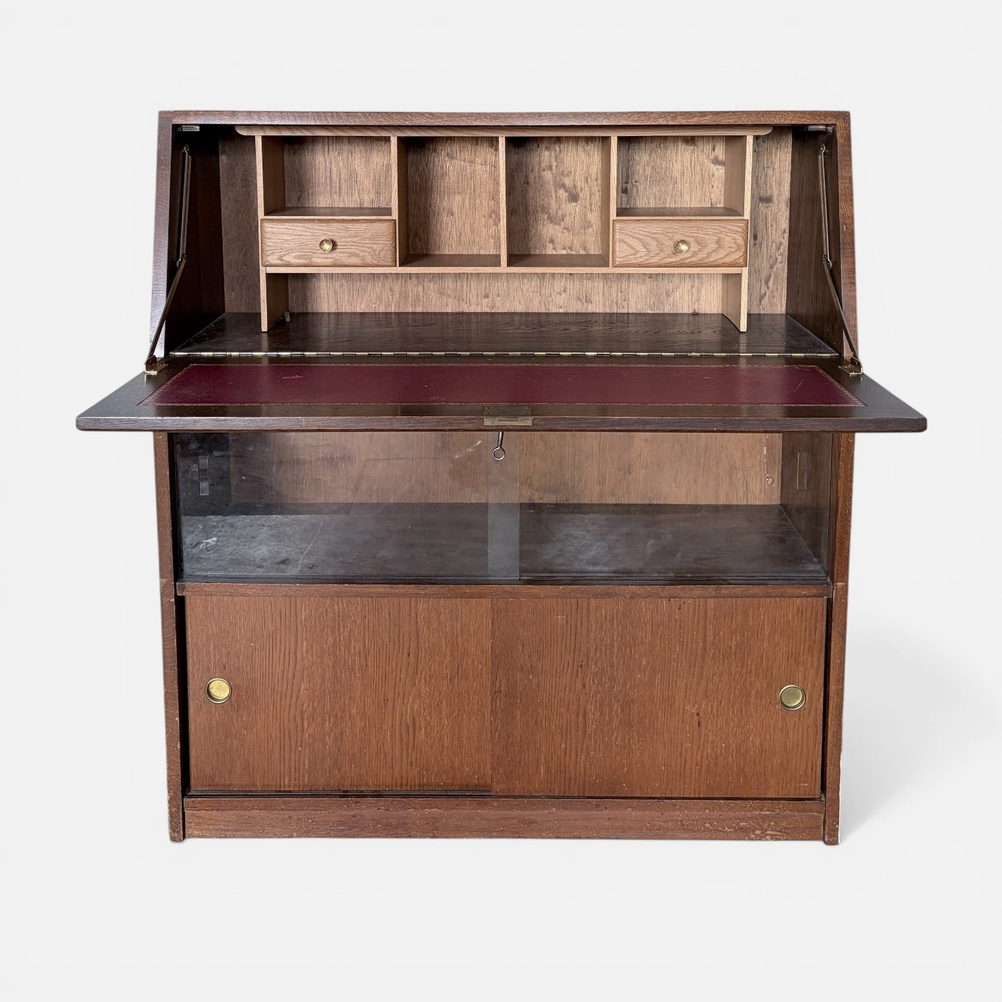 Vintage Mid Century Oak Bureau Cabinet with Sliding Doors