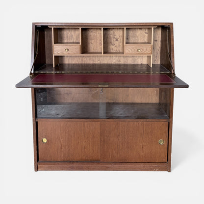 Vintage Mid Century Oak Bureau Cabinet with Sliding Doors