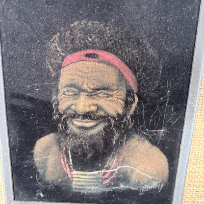 Vintage Papuan Highlander Portrait Painting in Original Hessian Frame