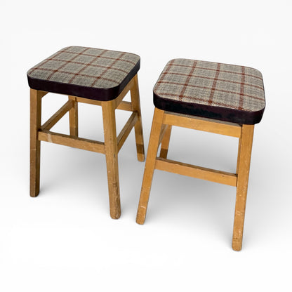 Mid Century Stools - Pair of Vintage Oak Tweed Upholstered Footstools 33cm