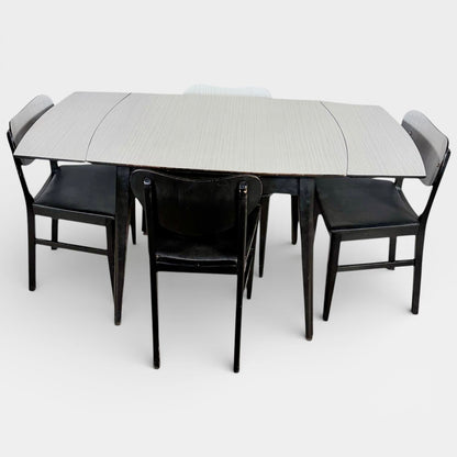 Mid Century Space Age Monochrome Formica Drop Leaf Extending Dining Table & Four Chairs