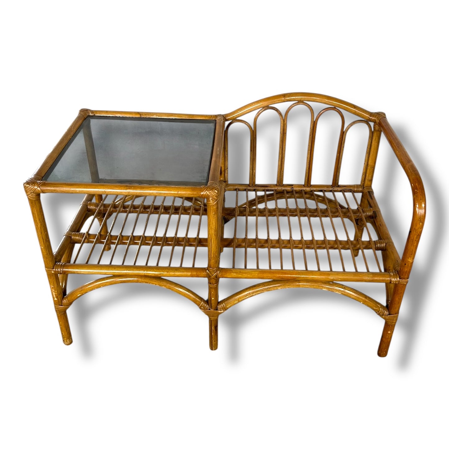 Vintage Bamboo Telephone Table with Smoked Glass Top | Boho Mid Century Rattan Hallway Seat