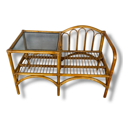 Vintage Bamboo Telephone Table with Smoked Glass Top | Boho Mid Century Rattan Hallway Seat