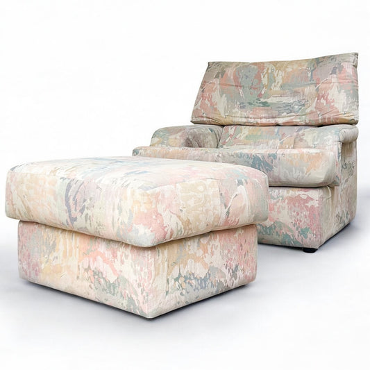 Vintage 1980s/1990s Abstract Pattern Armchair & Footstool – Retro Memphis Style Lounge Set