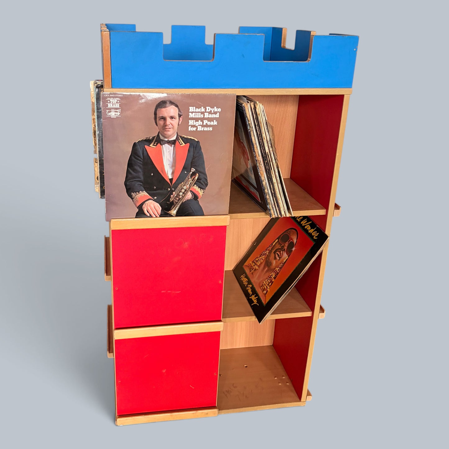 Handmade Postmodern Castle Bookcase & Vinyl Record Storage Unit – Red & Blue