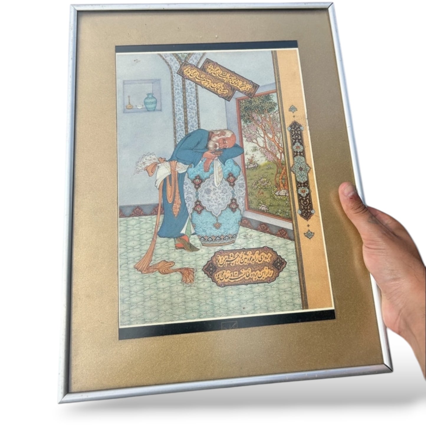 Framed Persian Miniature Art Print – Vintage Middle Eastern Illustration with Calligraphy