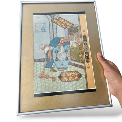 Framed Persian Miniature Art Print – Vintage Middle Eastern Illustration with Calligraphy