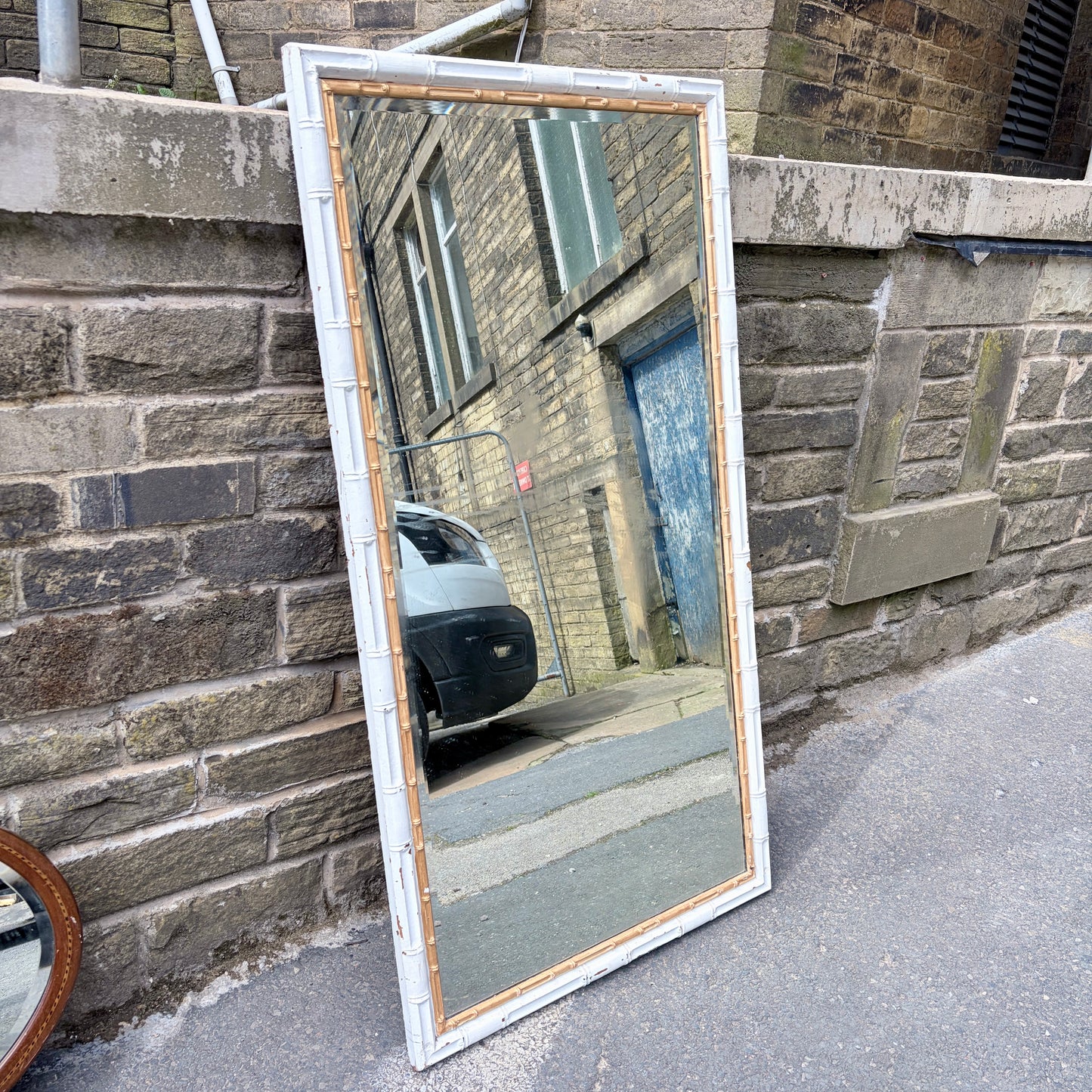 Mid Century Tall Faux Bamboo Floor Mirror in White & Gilt