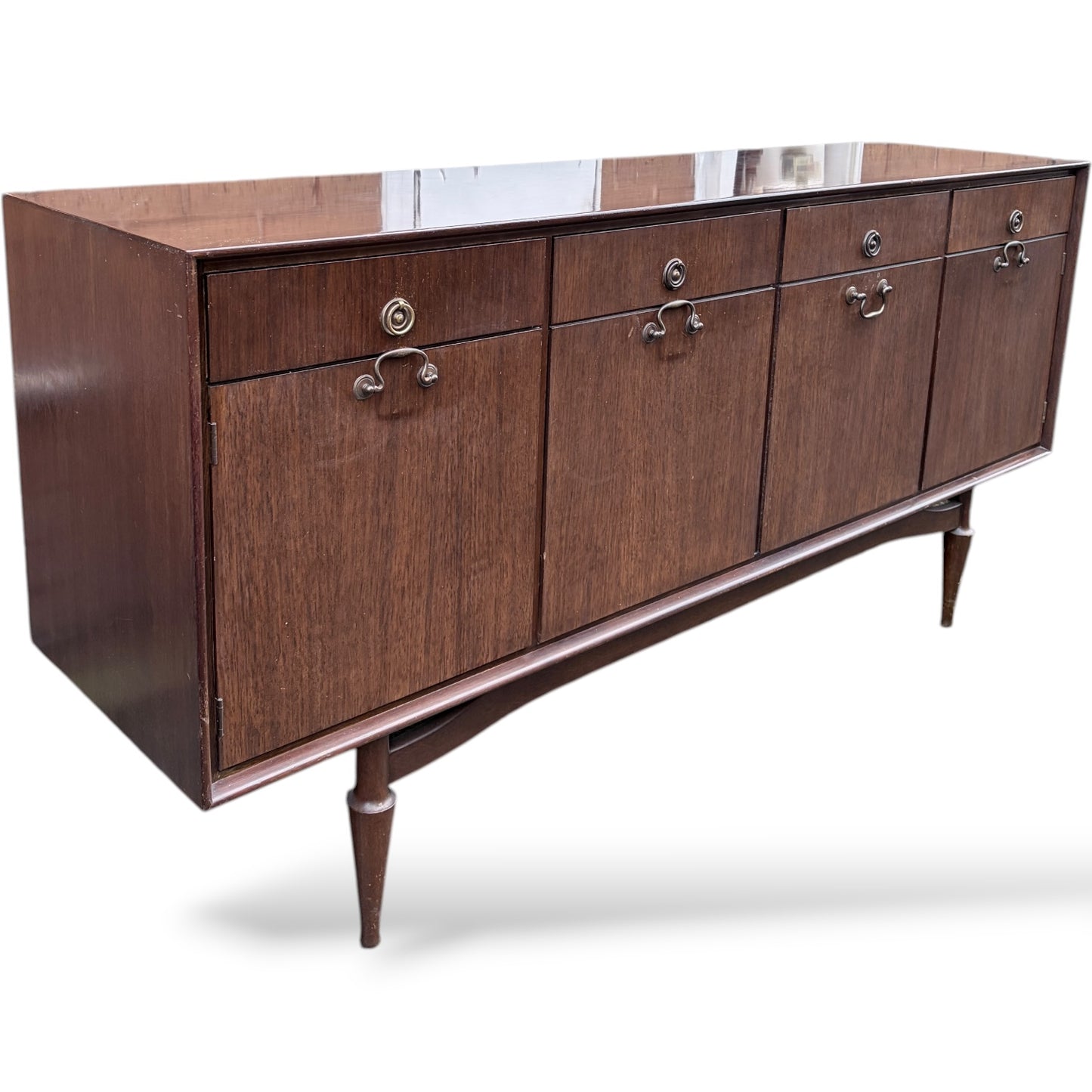 Mid-Century Sideboard - Wooden Vintage Storage With Brass Handles & Tapered Legs